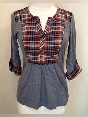 One September Grey Patchwork Plaid SZ S Boho Cottagecore Casual Chic Henley Top